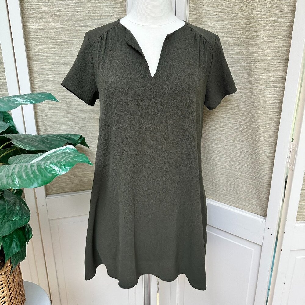 Lush Olive Green Shift Dress Small V Neck Mini Flowy Short Sleeve Minimalist